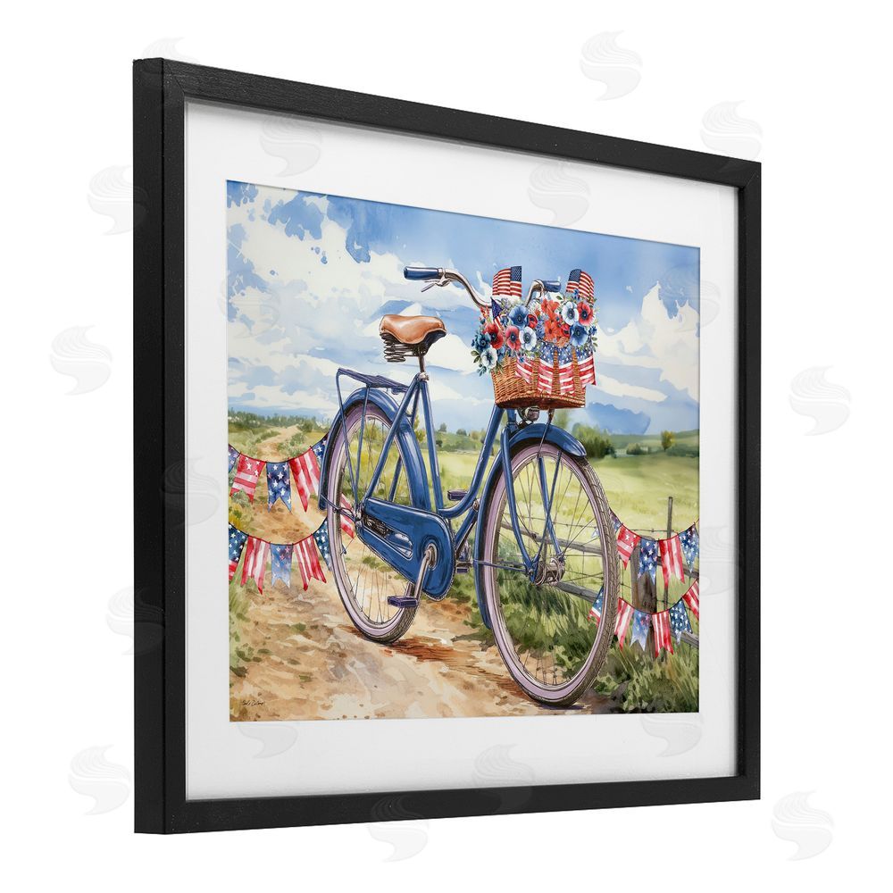 Nicole DeCamp Patriotic Bike & Banners Black Framed Print Under Glass with White Mat Wall Art