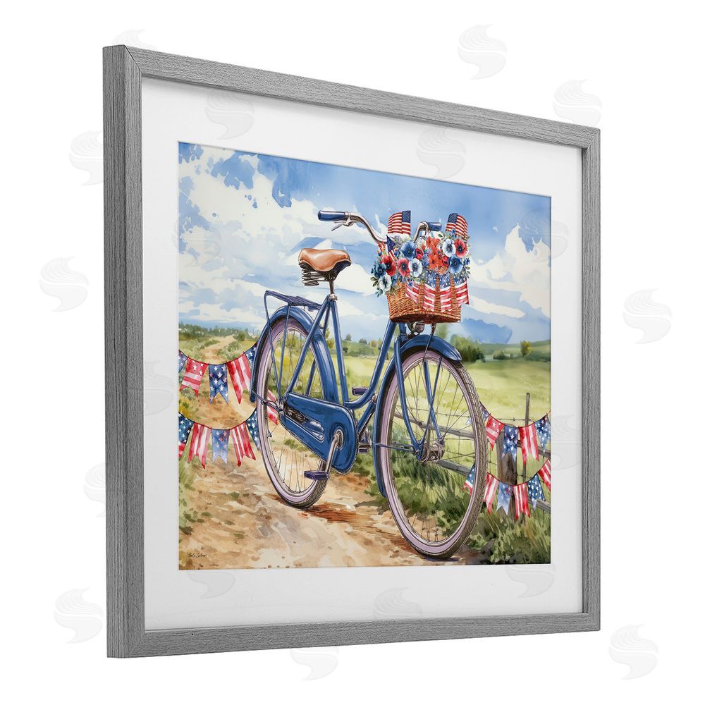Nicole DeCamp Patriotic Bike & Banners Gray Framed Print Under Glass with White Mat Wall Art