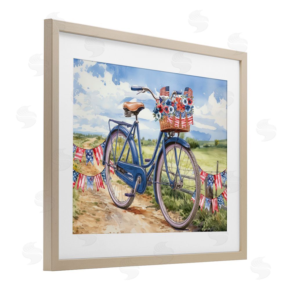 Nicole DeCamp Patriotic Bike & Banners Birch Framed Print Under Glass with White Mat Wall Art