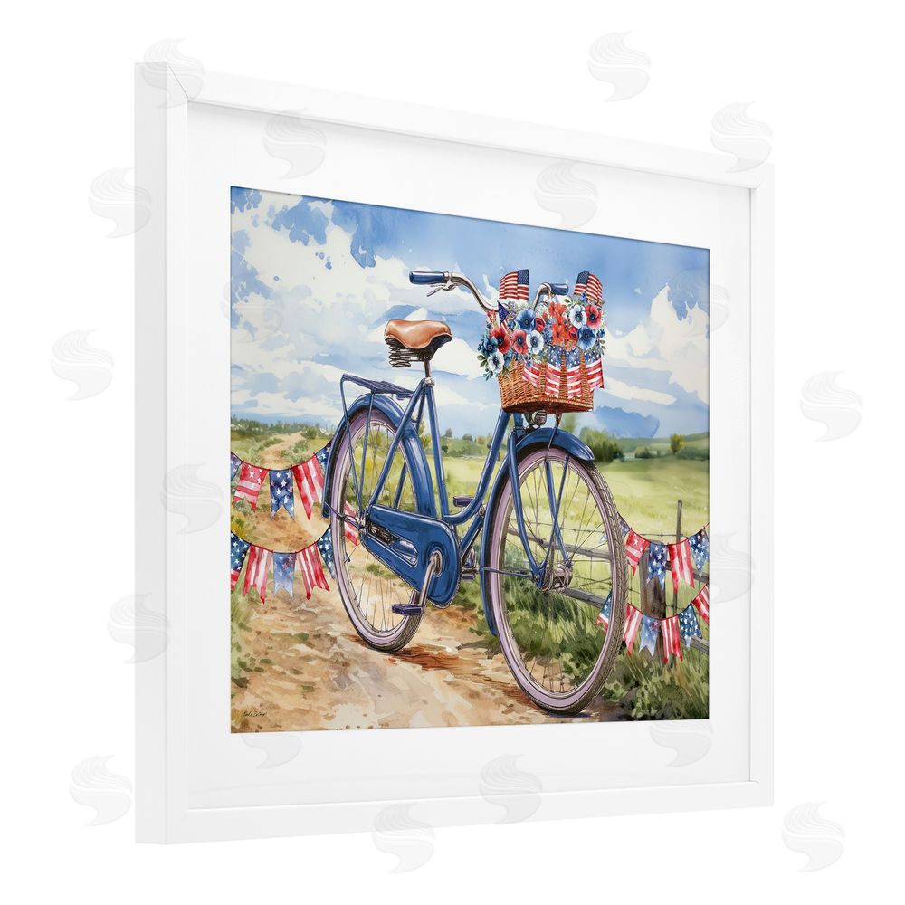 Nicole DeCamp Patriotic Bike & Banners White Framed Print Under Glass with Mat Wall Art
