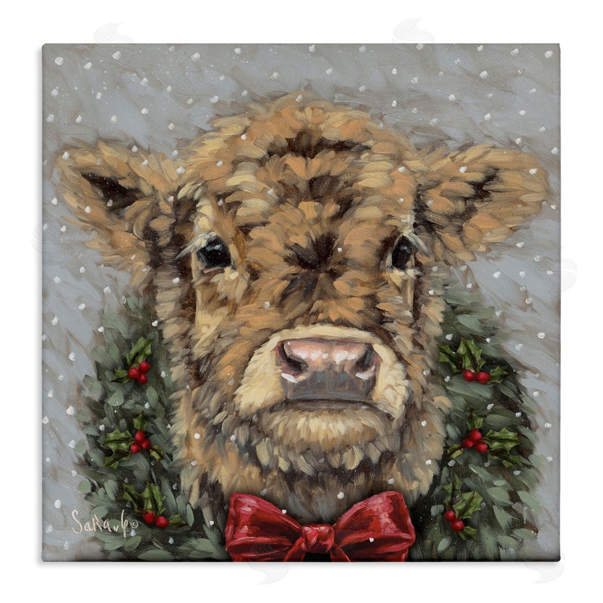 Sara G. Designs Snowy Day Christmas Cow Canvas Wall Art Print