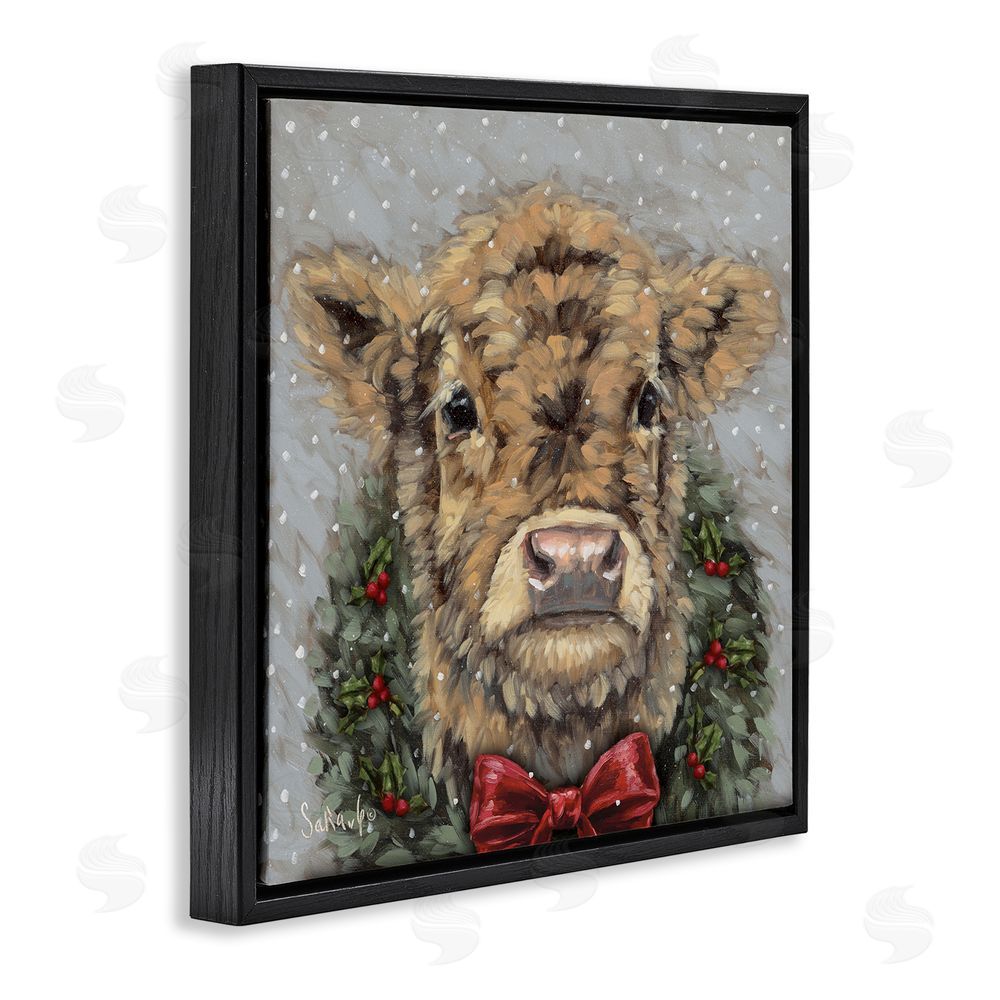 Sara G. Designs Snowy Day Christmas Cow Black Floating Frame Canvas Wall Art Print