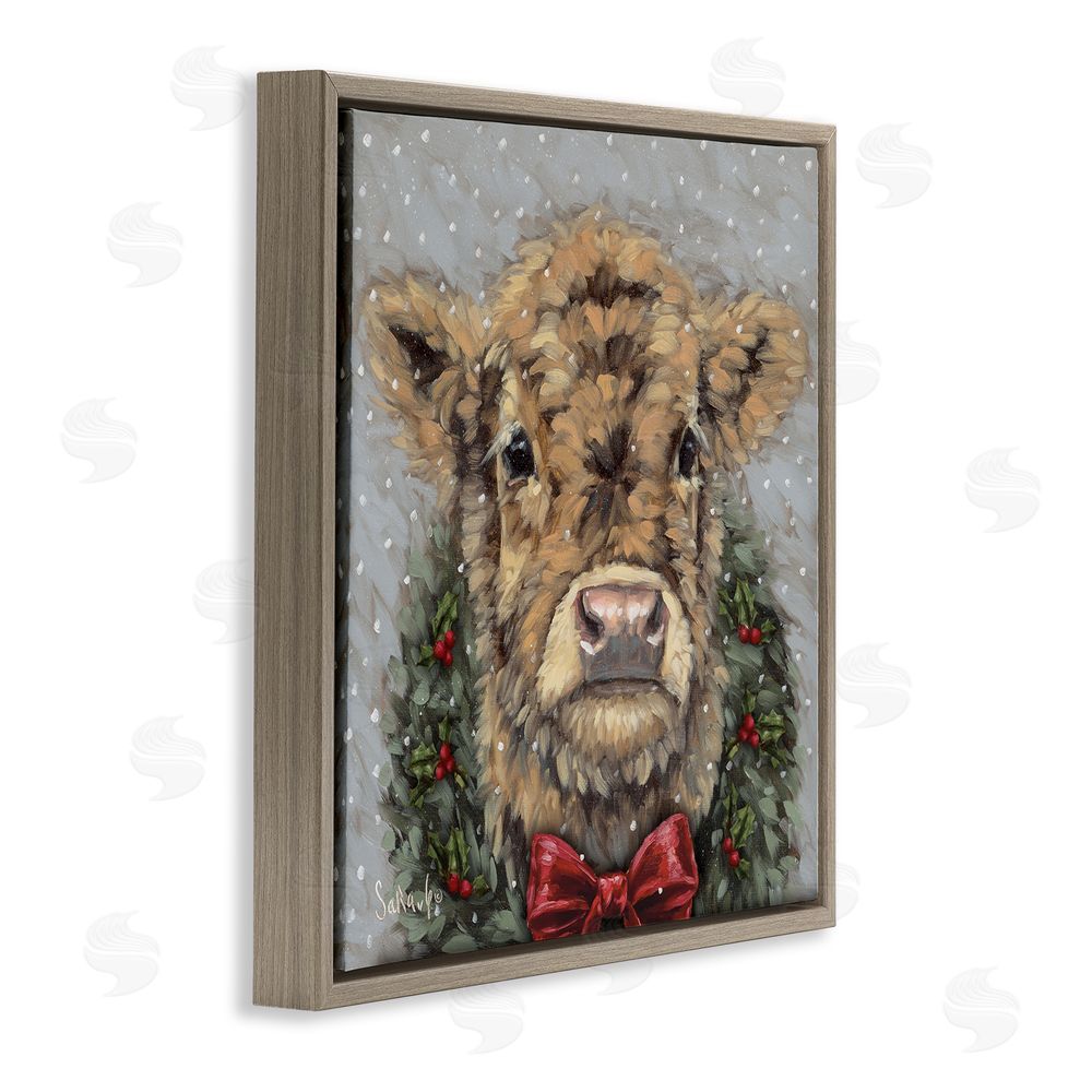 Sara G. Designs Snowy Day Christmas Cow Brown Floating Frame Canvas Wall Art Print