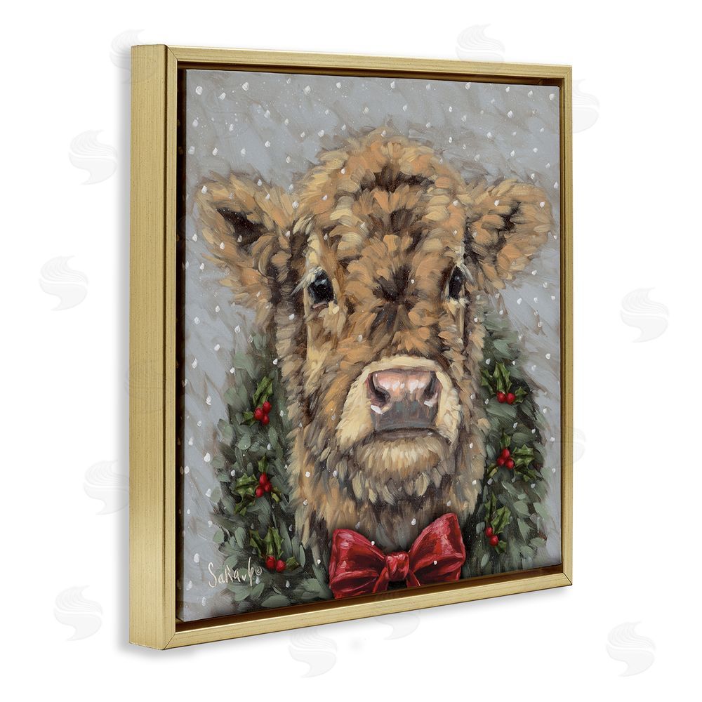 Sara G. Designs Snowy Day Christmas Cow Gold Floating Frame Canvas Wall Art Print