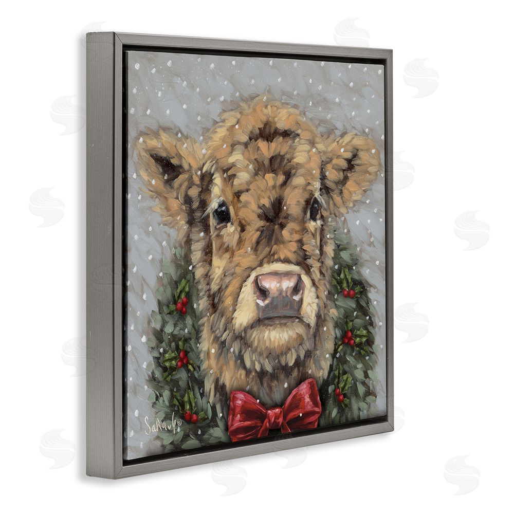 Sara G. Designs Snowy Day Christmas Cow Gray Floating Frame Canvas Wall Art Print