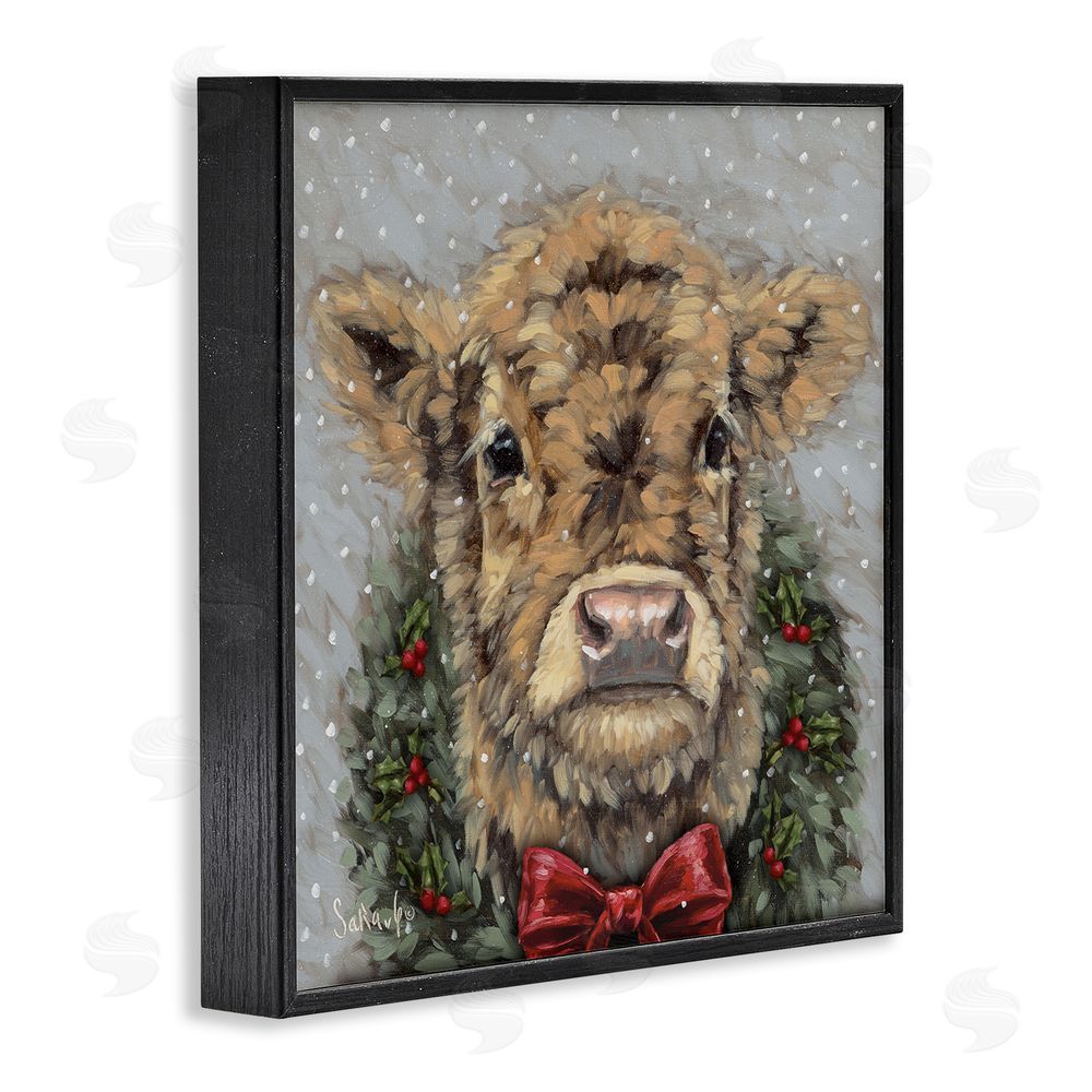Sara G. Designs Snowy Day Christmas Cow Black Framed Giclee Wall Art Print