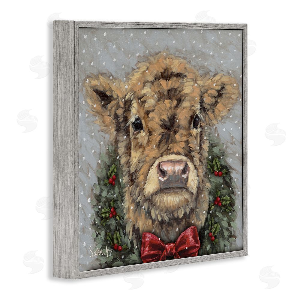 Sara G. Designs Snowy Day Christmas Cow Gray Framed Giclee Wall Art Print