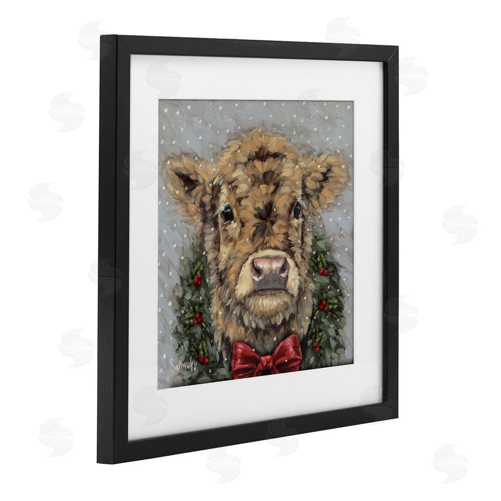 Sara G. Designs Snowy Day Christmas Cow Black Framed Print Under Glass with White Mat Wall Art