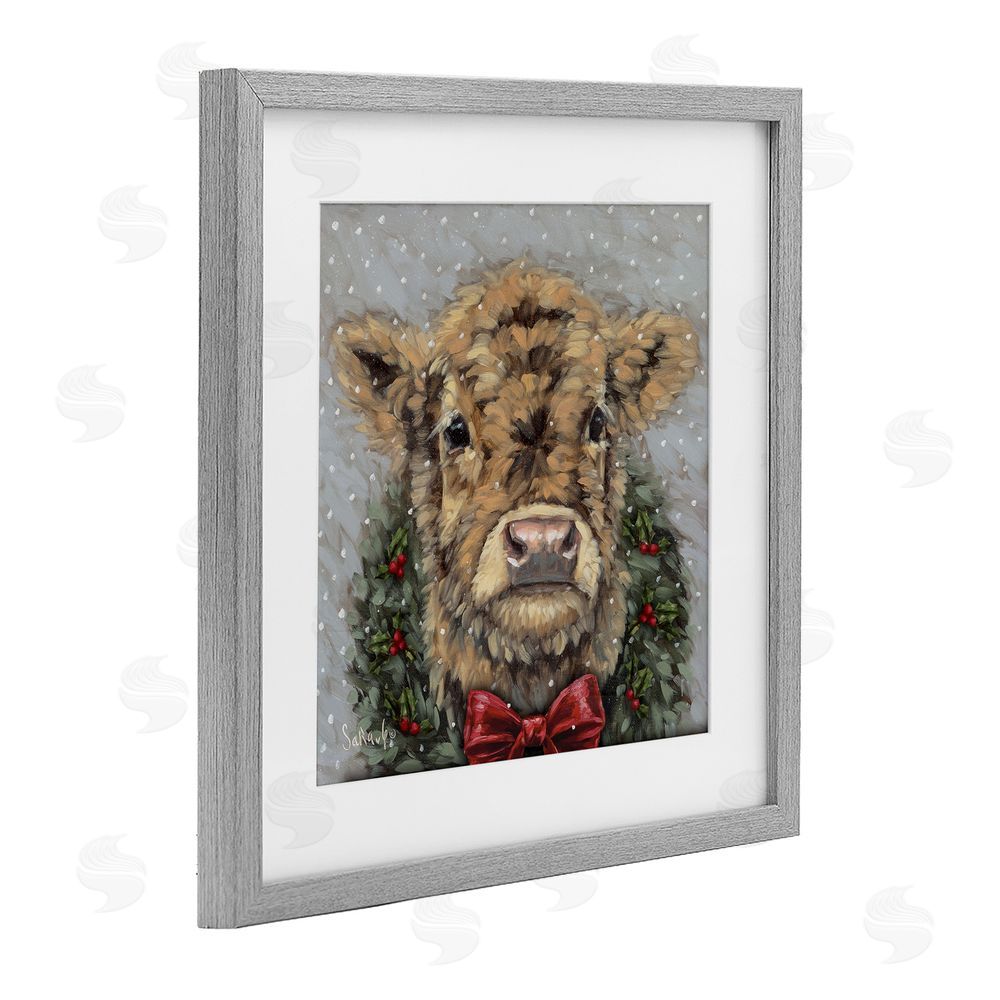 Sara G. Designs Snowy Day Christmas Cow Gray Framed Print Under Glass with White Mat Wall Art