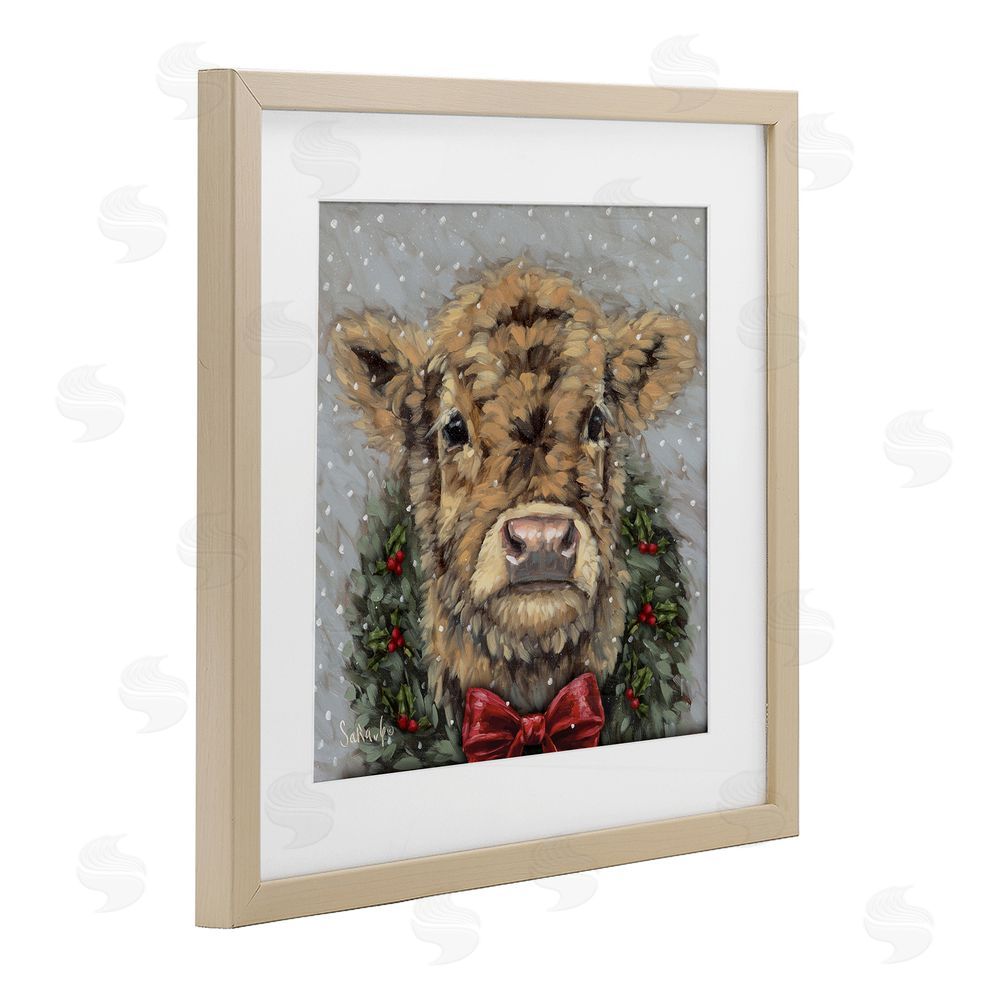 Sara G. Designs Snowy Day Christmas Cow Birch Framed Print Under Glass with White Mat Wall Art