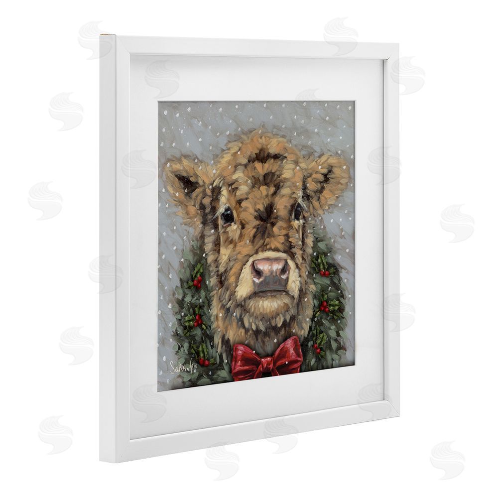 Sara G. Designs Snowy Day Christmas Cow White Framed Print Under Glass with Mat Wall Art