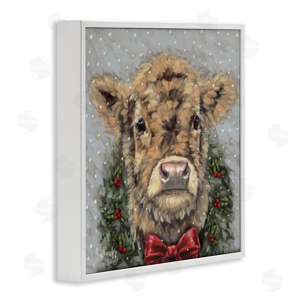 Sara G. Designs Snowy Day Christmas Cow White Framed Giclee Wall Art Print