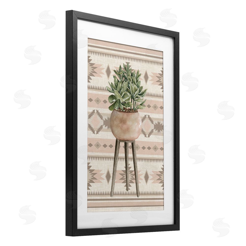 Cindy Jacobs Aztec Planter Green Plant Black Framed Print Under Glass with White Mat Wall Art