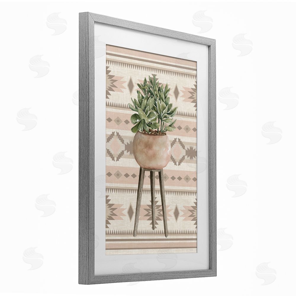 Cindy Jacobs Aztec Planter Green Plant Gray Framed Print Under Glass with White Mat Wall Art
