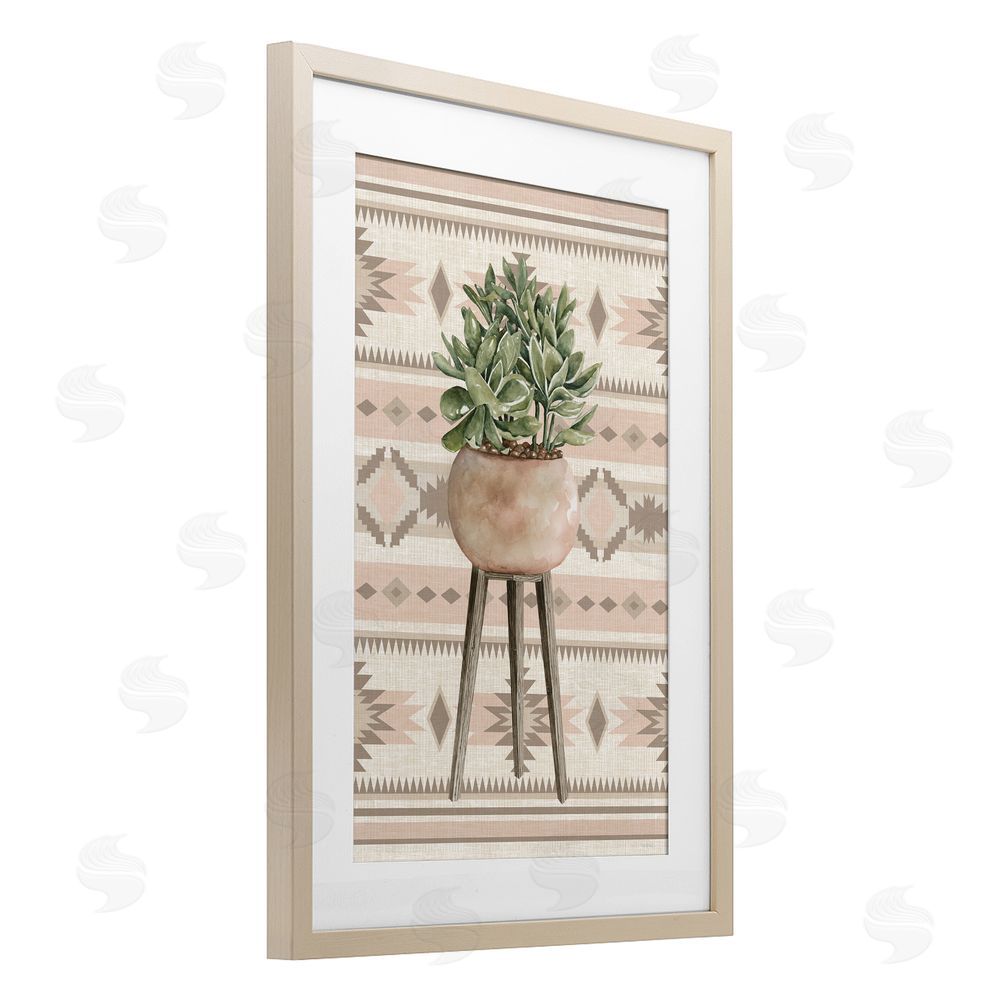 Cindy Jacobs Aztec Planter Green Plant Birch Framed Print Under Glass with White Mat Wall Art