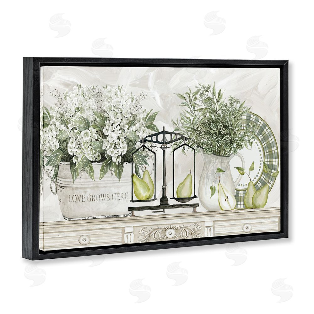 Cindy Jacobs Flowers and Pears on Shelf Black Floating Frame Canvas Wall Art Print