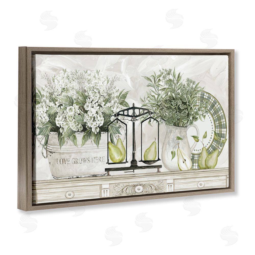 Cindy Jacobs Flowers and Pears on Shelf Brown Floating Frame Canvas Wall Art Print