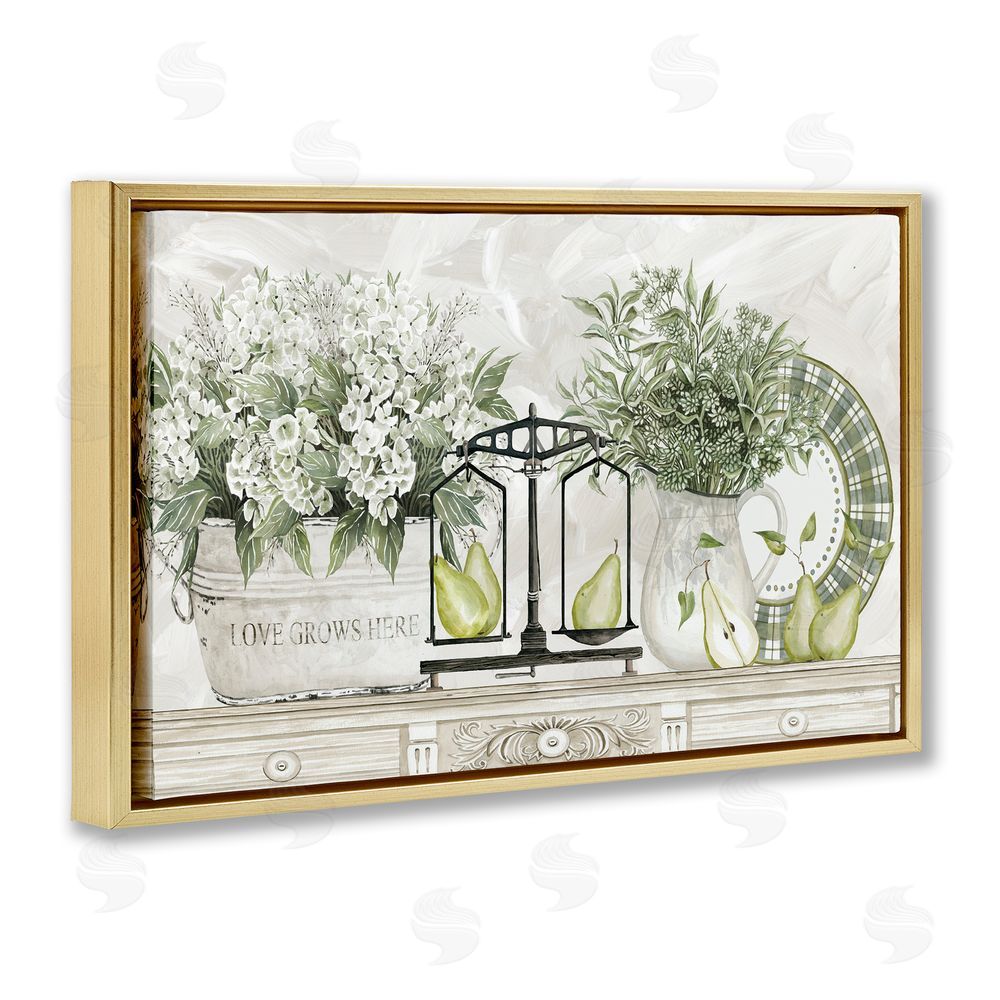 Cindy Jacobs Flowers and Pears on Shelf Gold Floating Frame Canvas Wall Art Print