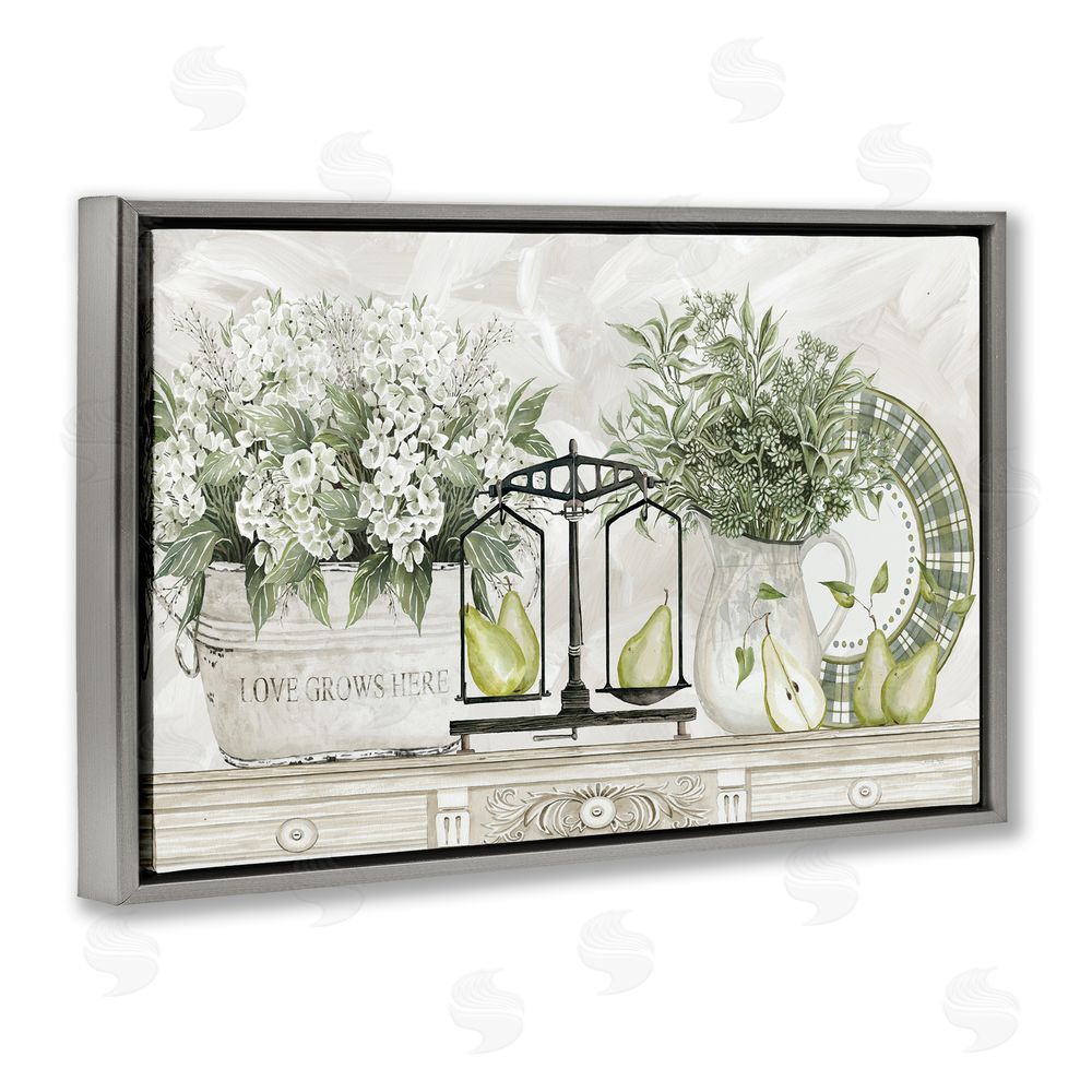 Cindy Jacobs Flowers and Pears on Shelf Gray Floating Frame Canvas Wall Art Print