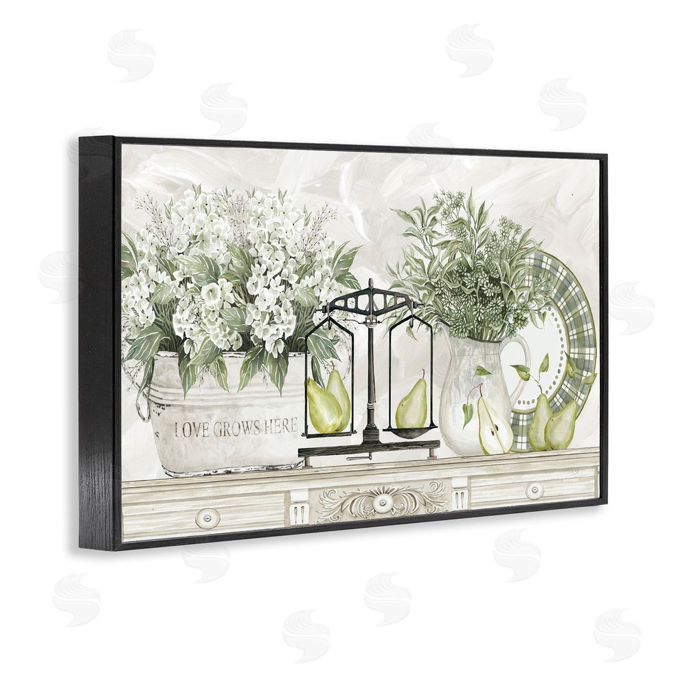Cindy Jacobs Flowers and Pears on Shelf Black Framed Giclee Wall Art Print