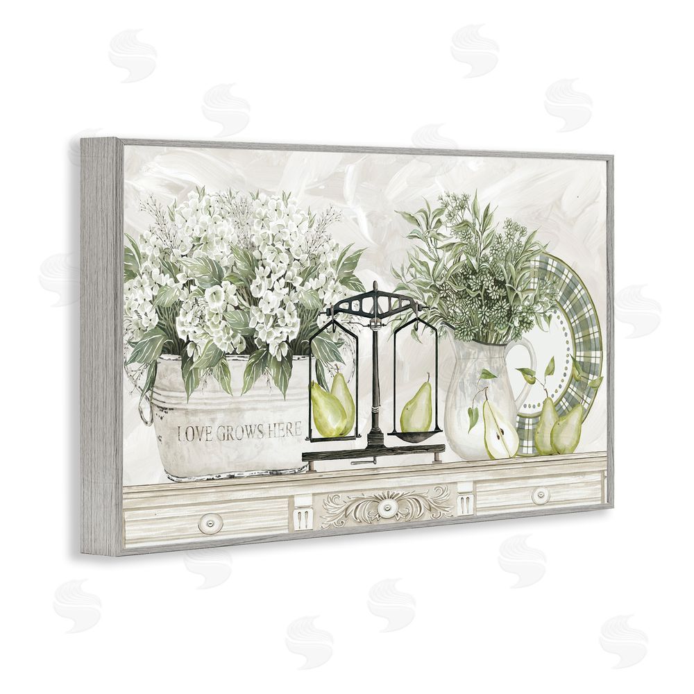 Cindy Jacobs Flowers and Pears on Shelf Gray Framed Giclee Wall Art Print