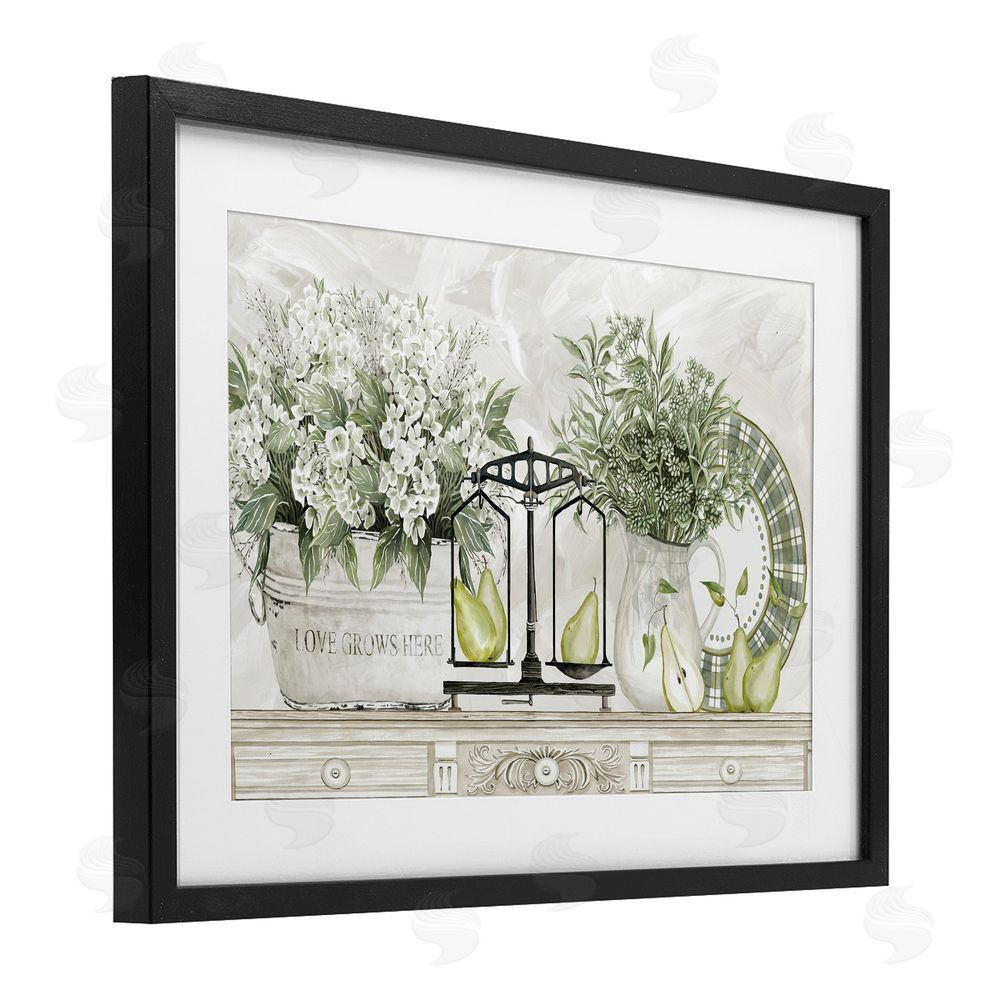 Cindy Jacobs Flowers and Pears on Shelf Black Framed Print Under Glass with White Mat Wall Art