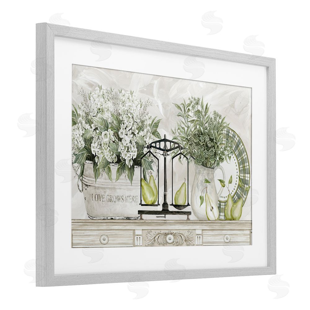 Cindy Jacobs Flowers and Pears on Shelf Gray Framed Print Under Glass with White Mat Wall Art