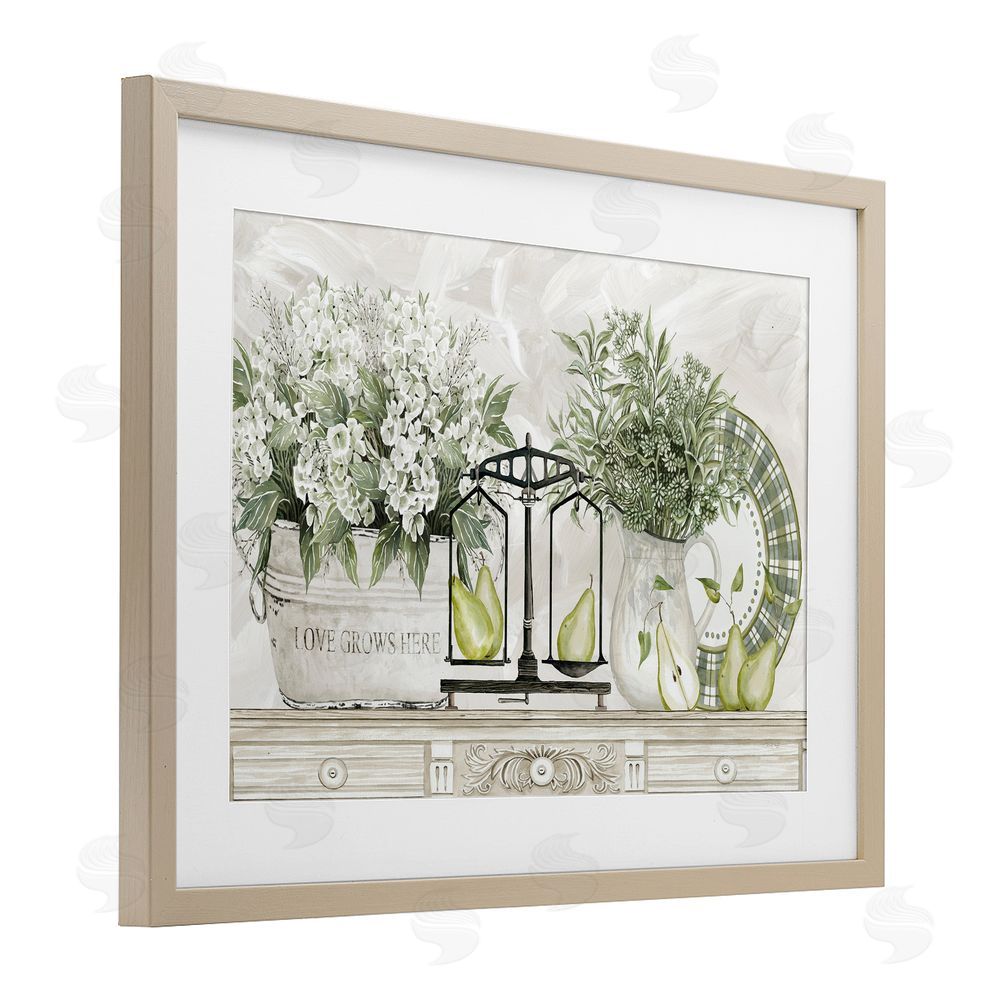 Cindy Jacobs Flowers and Pears on Shelf Birch Framed Print Under Glass with White Mat Wall Art