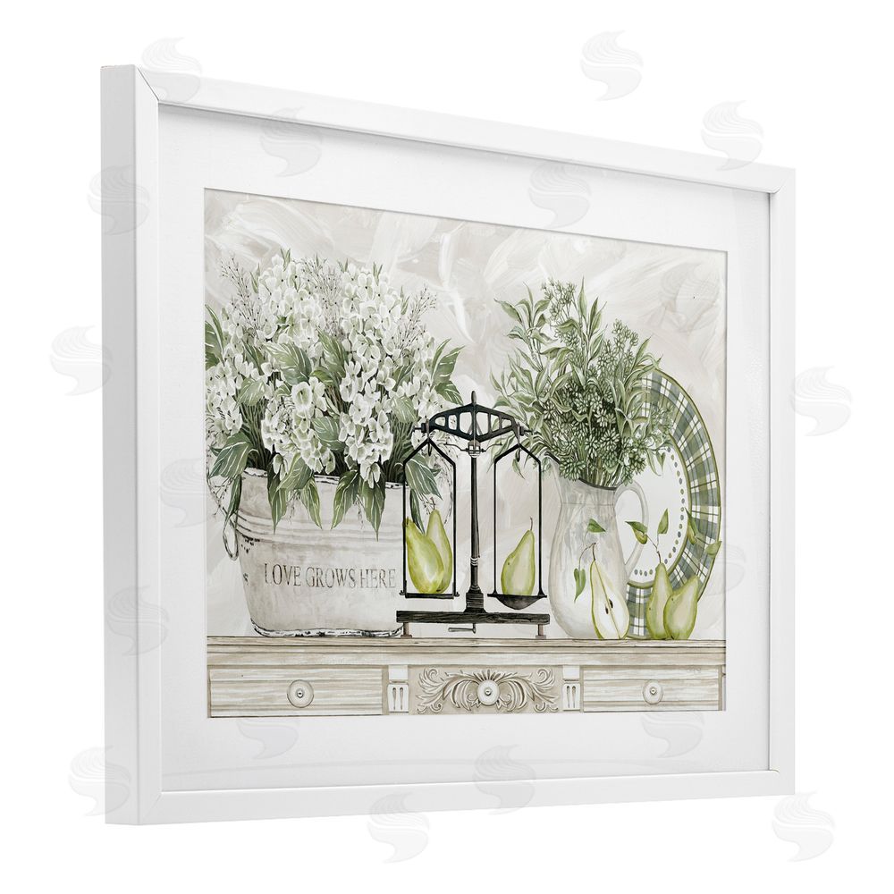 Cindy Jacobs Flowers and Pears on Shelf White Framed Print Under Glass with Mat Wall Art