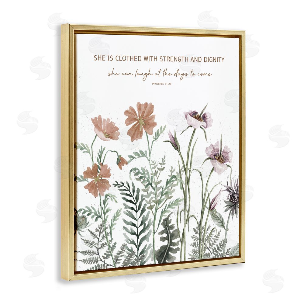 Cindy Jacobs Clothed with Strength Botanicals Gold Floating Frame Canvas Wall Art Print