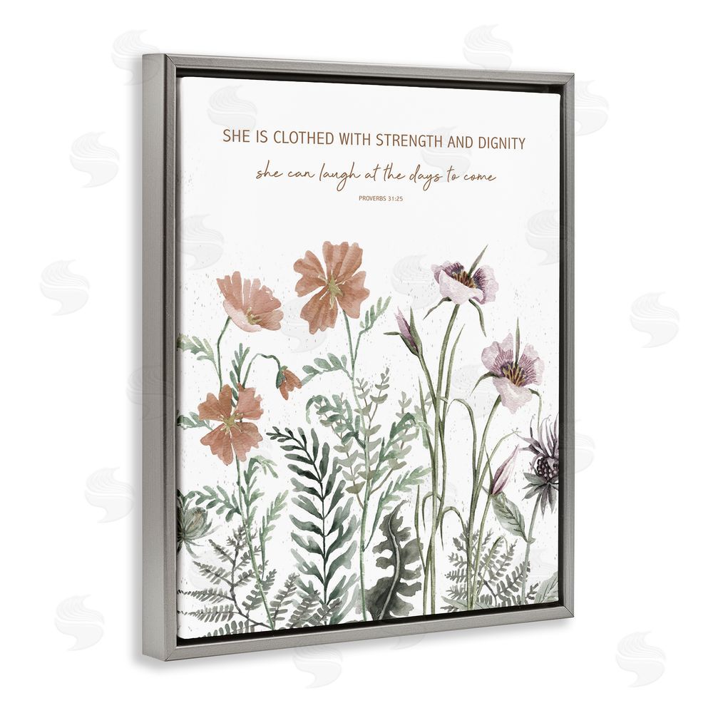 Cindy Jacobs Clothed with Strength Botanicals Gray Floating Frame Canvas Wall Art Print