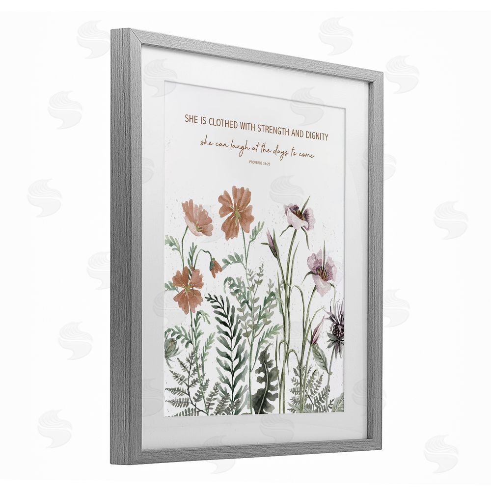 Cindy Jacobs Clothed with Strength Botanicals Gray Framed Print Under Glass with White Mat Wall Art