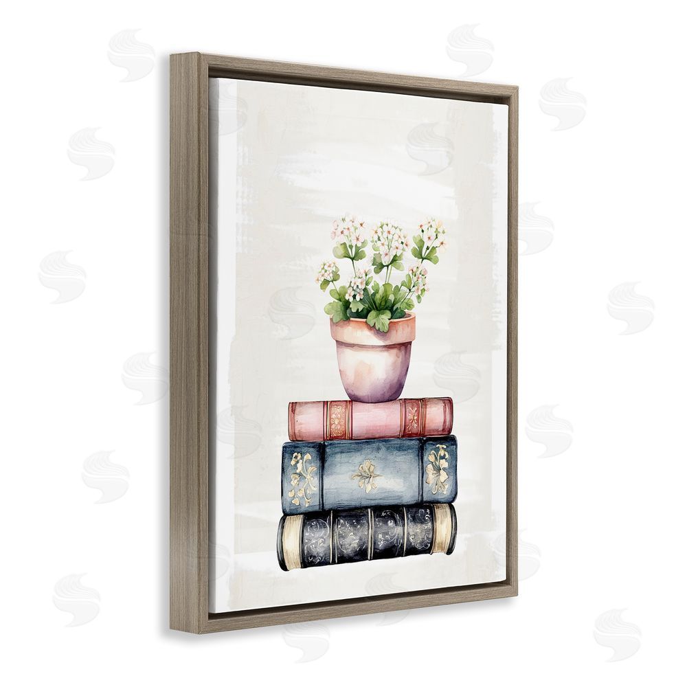 Kim Allen Floral Stacks with Vintage Books Brown Floating Frame Canvas Wall Art Print