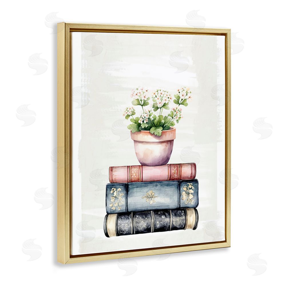 Kim Allen Floral Stacks with Vintage Books Gold Floating Frame Canvas Wall Art Print