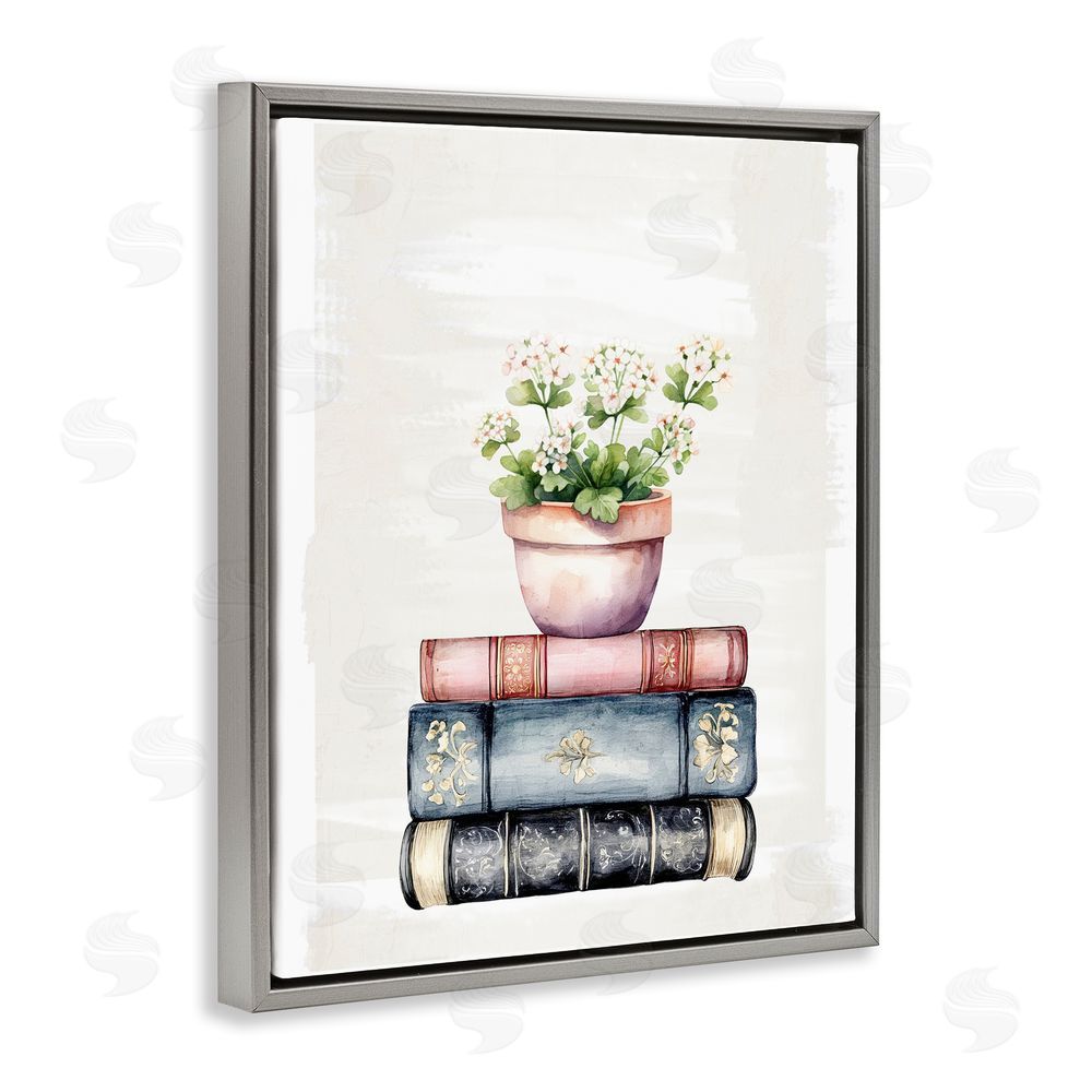 Kim Allen Floral Stacks with Vintage Books Gray Floating Frame Canvas Wall Art Print