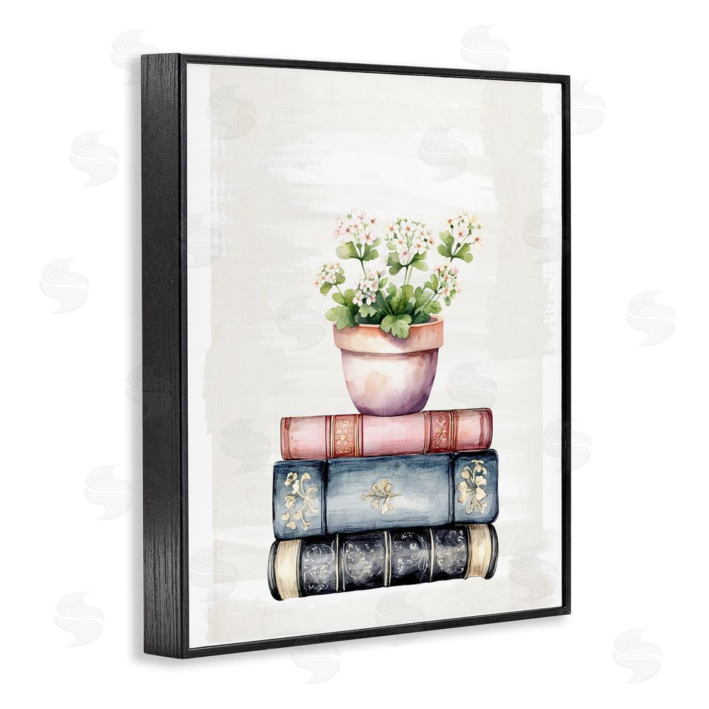 Kim Allen Floral Stacks with Vintage Books Black Framed Giclee Wall Art Print