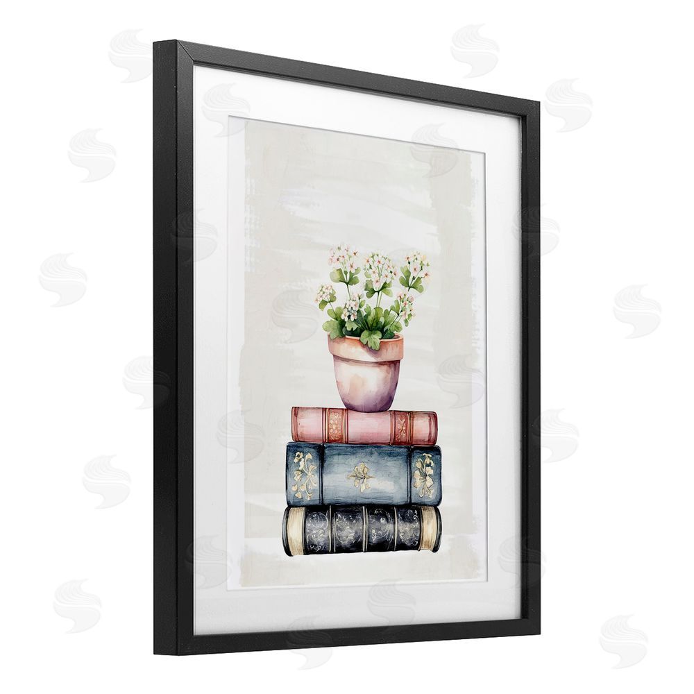 Kim Allen Floral Stacks with Vintage Books Black Framed Print Under Glass with White Mat Wall Art