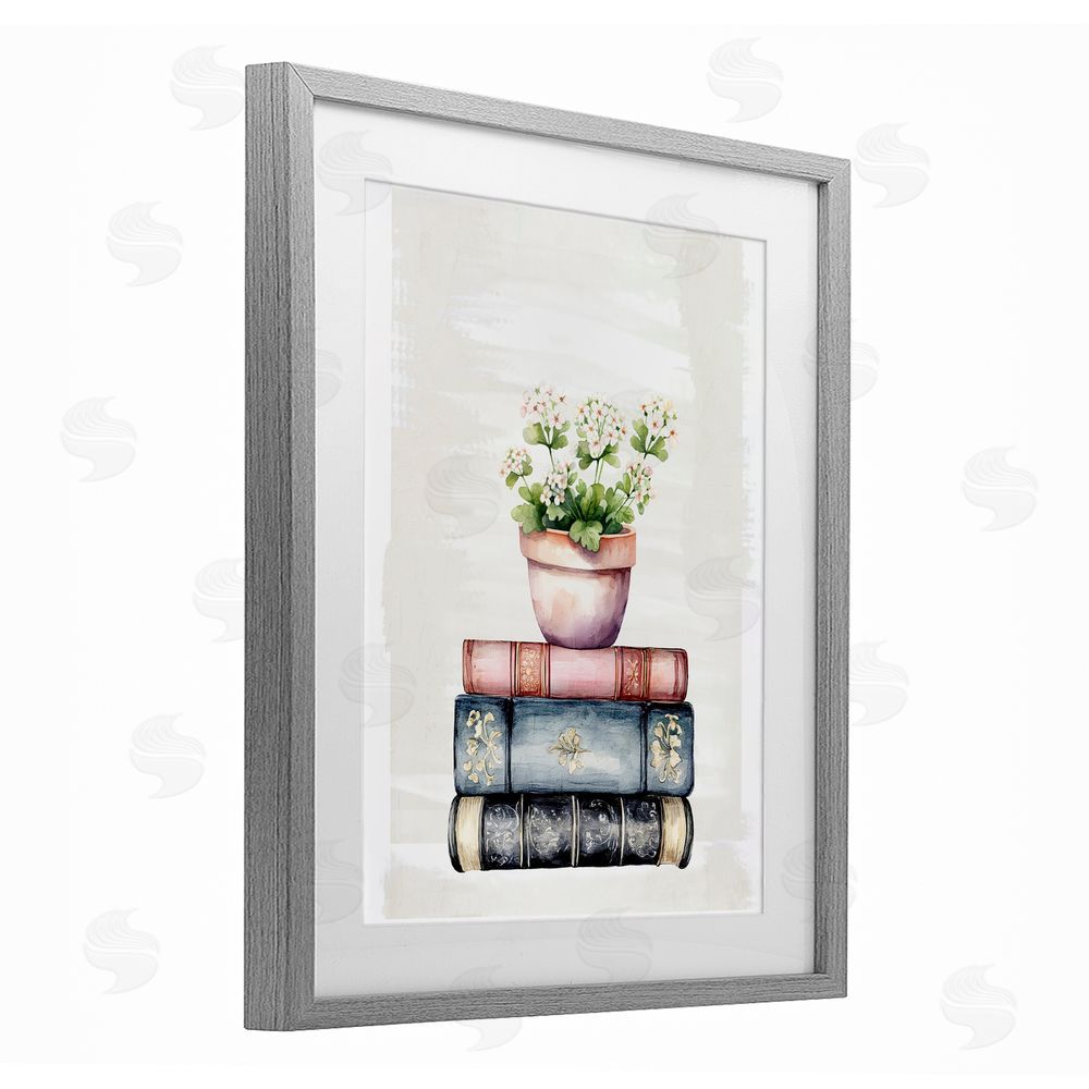 Kim Allen Floral Stacks with Vintage Books Gray Framed Print Under Glass with White Mat Wall Art