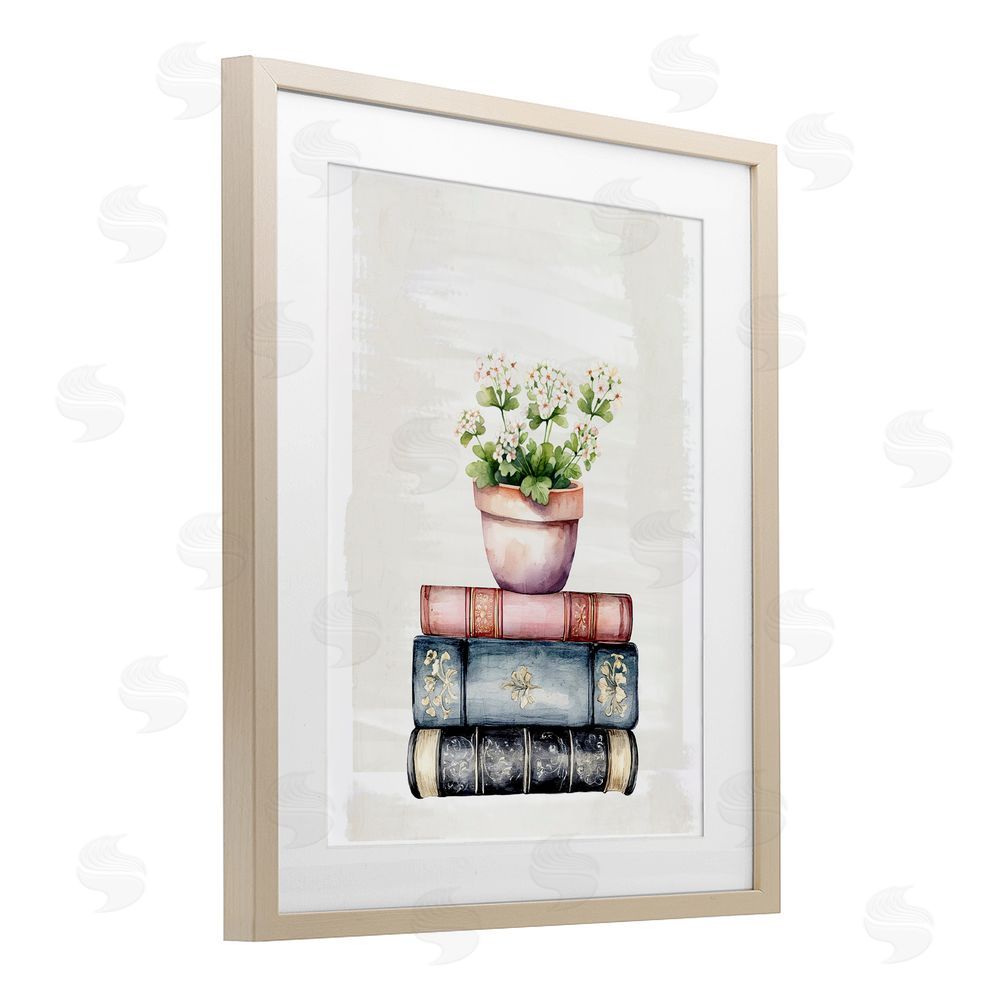 Kim Allen Floral Stacks with Vintage Books Birch Framed Print Under Glass with White Mat Wall Art