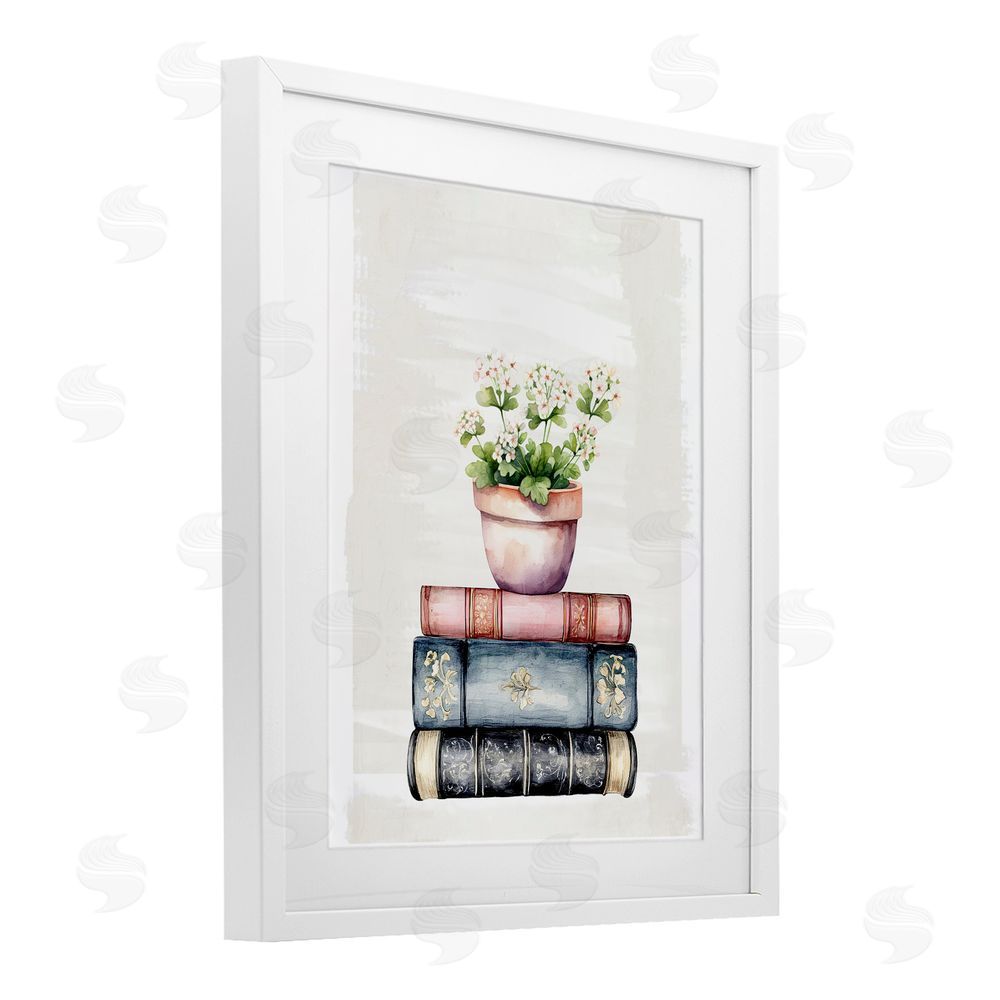 Kim Allen Floral Stacks with Vintage Books White Framed Print Under Glass with Mat Wall Art
