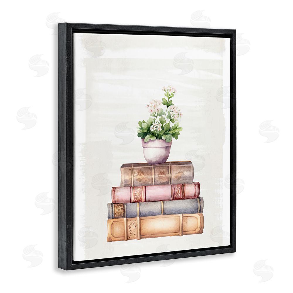 Kim Allen Floral Pot & Vintage Books Black Floating Frame Canvas Wall Art Print