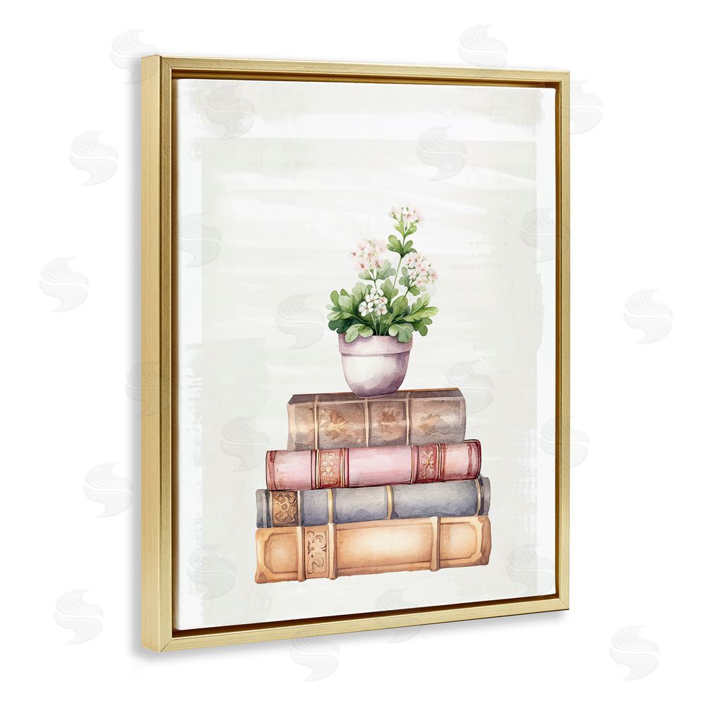 Kim Allen Floral Pot & Vintage Books Gold Floating Frame Canvas Wall Art Print