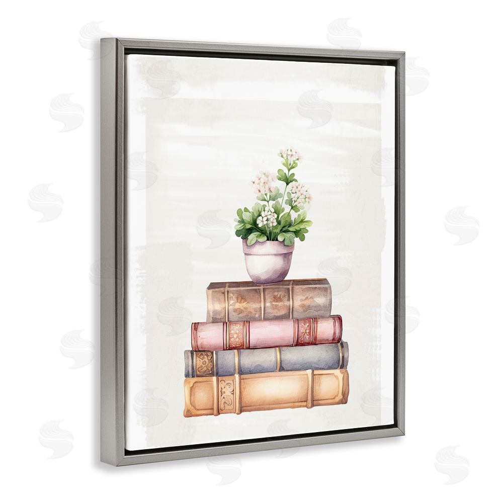 Kim Allen Floral Pot & Vintage Books Gray Floating Frame Canvas Wall Art Print