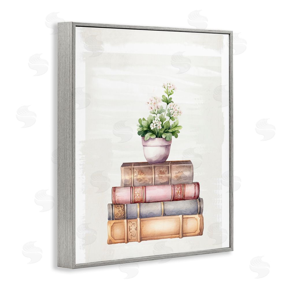 Kim Allen Floral Pot & Vintage Books Gray Framed Giclee Wall Art Print