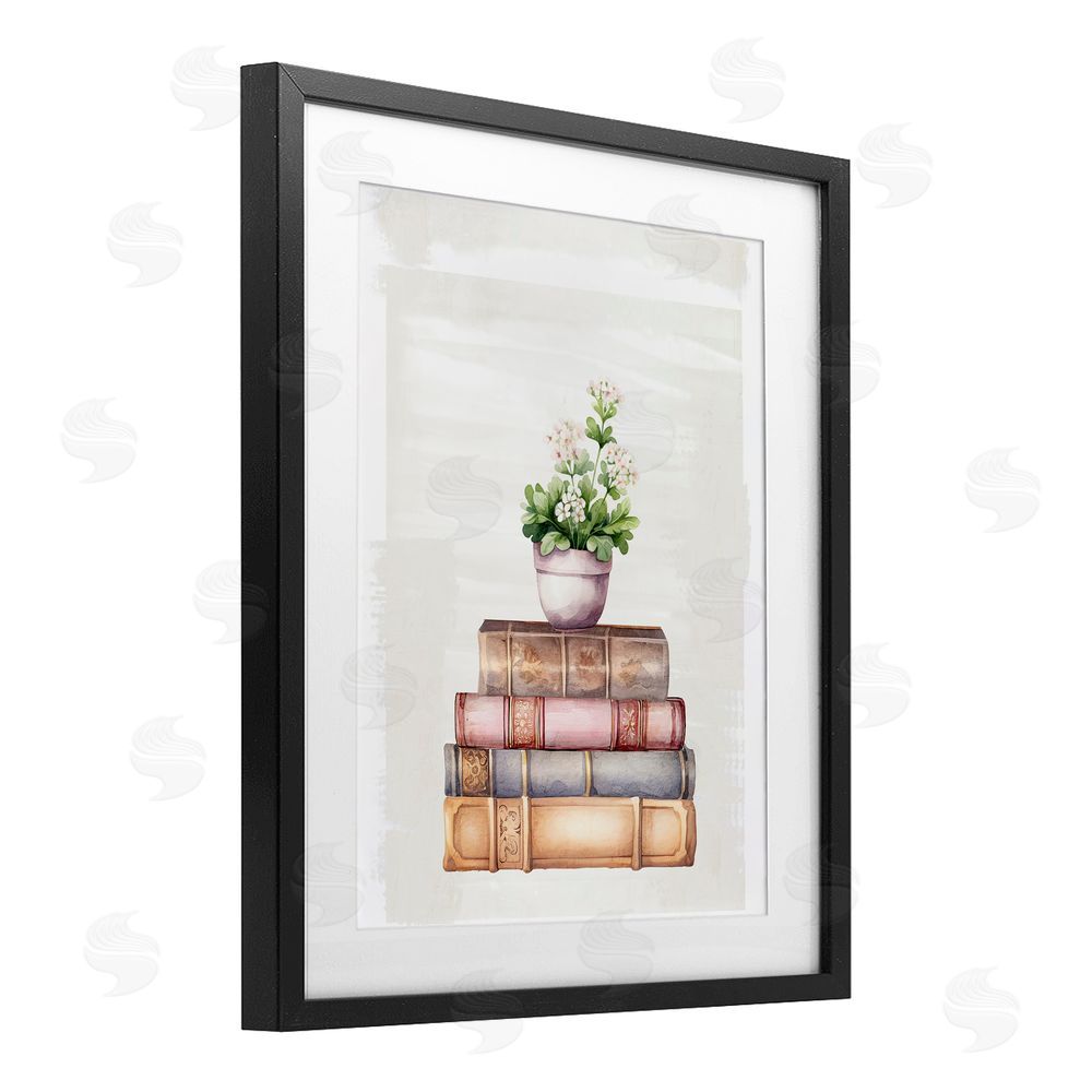 Kim Allen Floral Pot & Vintage Books Black Framed Print Under Glass with White Mat Wall Art