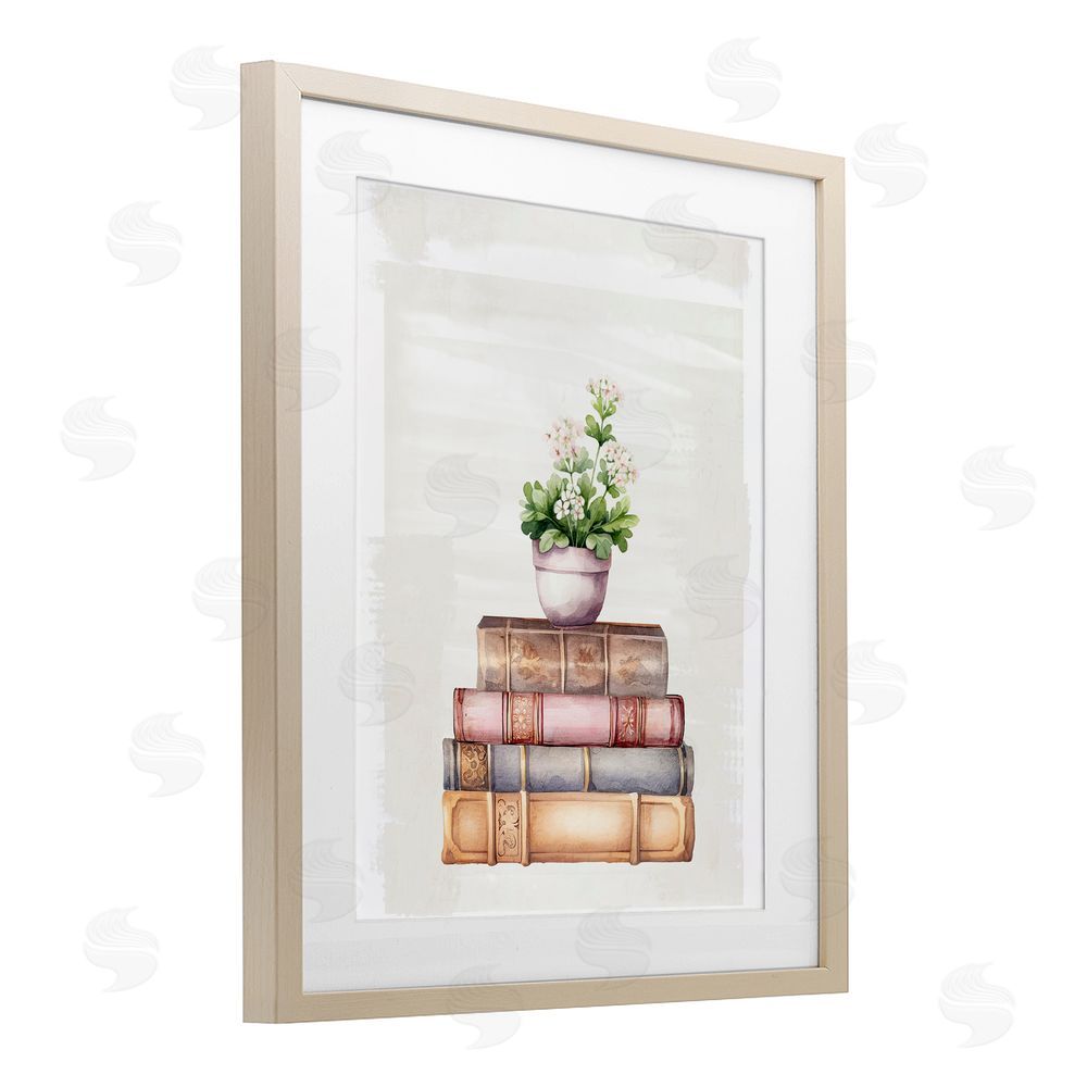 Kim Allen Floral Pot & Vintage Books Birch Framed Print Under Glass with White Mat Wall Art