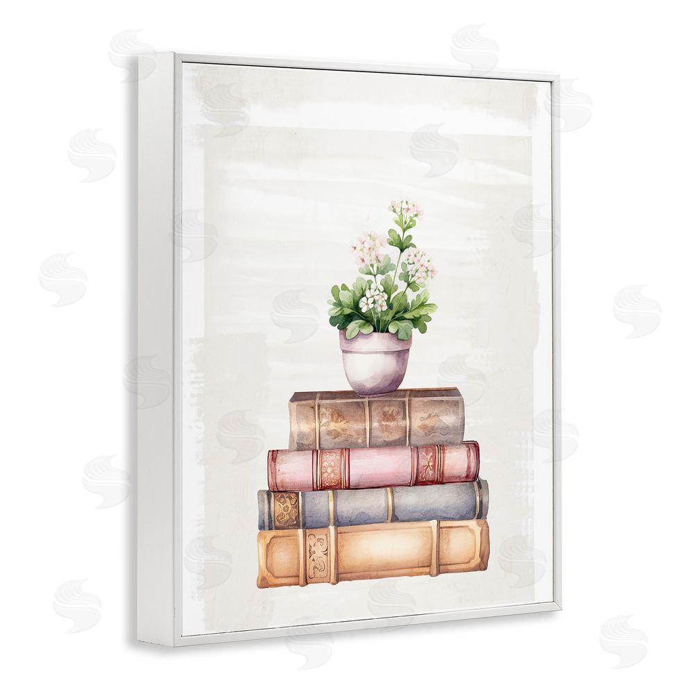 Kim Allen Floral Pot & Vintage Books White Framed Giclee Wall Art Print