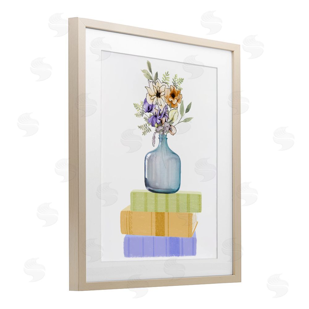 Marcus Prime Flowers Vase On Books Birch Framed Print Under Glass with White Mat Wall Art
