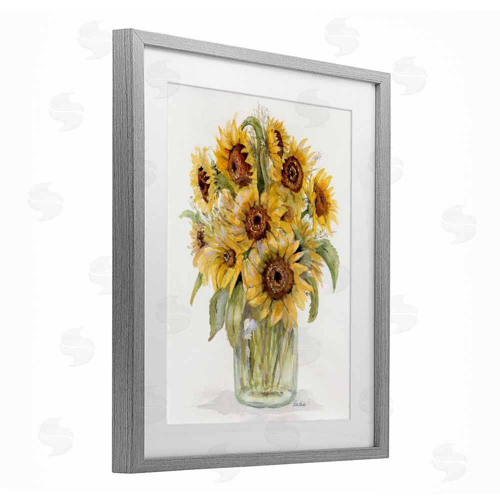 Patti Bishop Sunflower Bouquet in Watercolors Gray Framed Print Under Glass with White Mat Wall Art