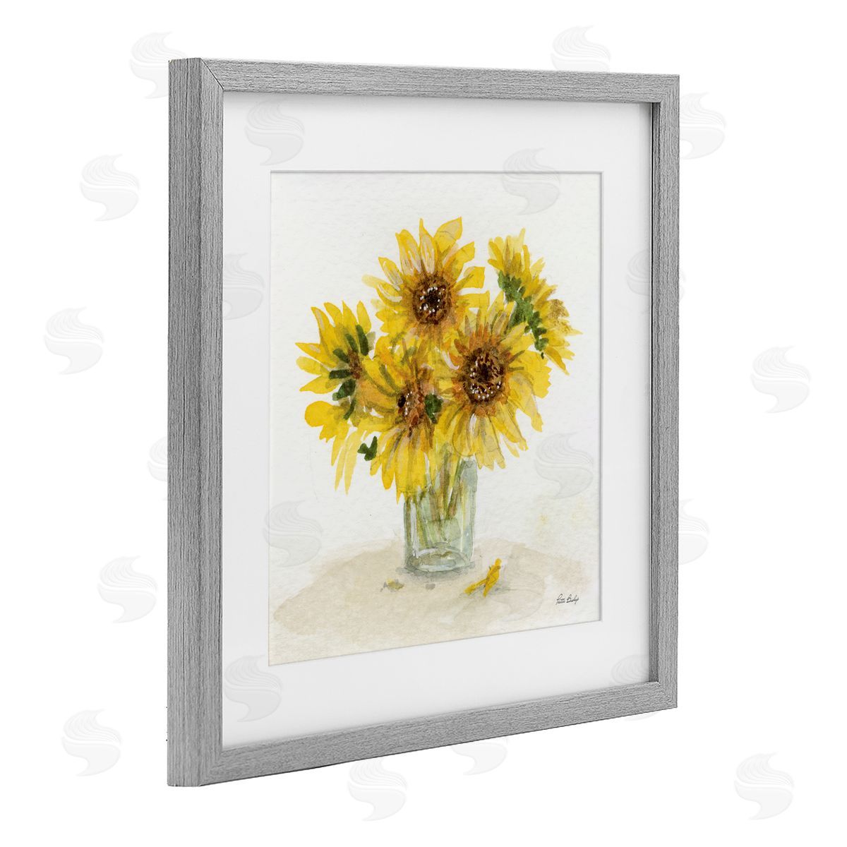 Patti Bishop Unfurling Sunflowers Vase Gray Framed Print Under Glass with White Mat Wall Art